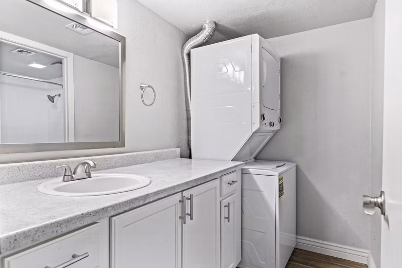 Bath and laundry room with modern fixtures and ample storage in Villatree Apartments
