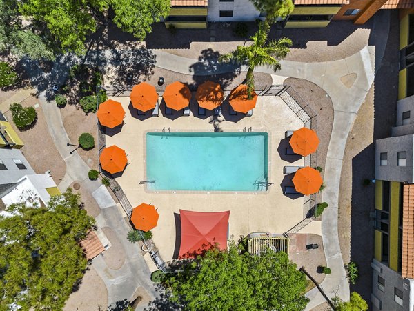 Relaxing pool area with lounge chairs and umbrellas at Villatree Apartments