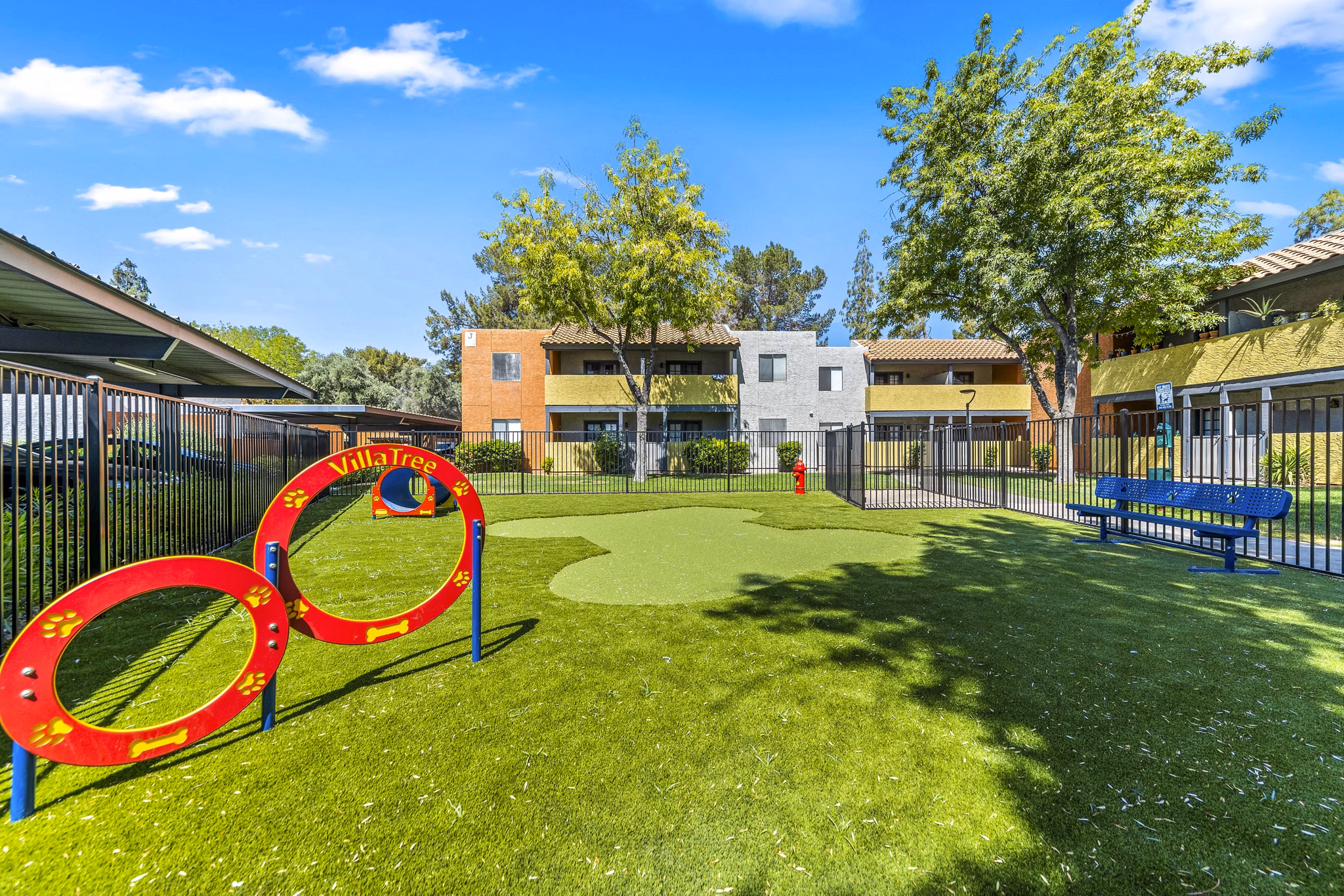 Dog park with agility equipment at Villatree Apartments, offering pet-friendly amenities for luxury living