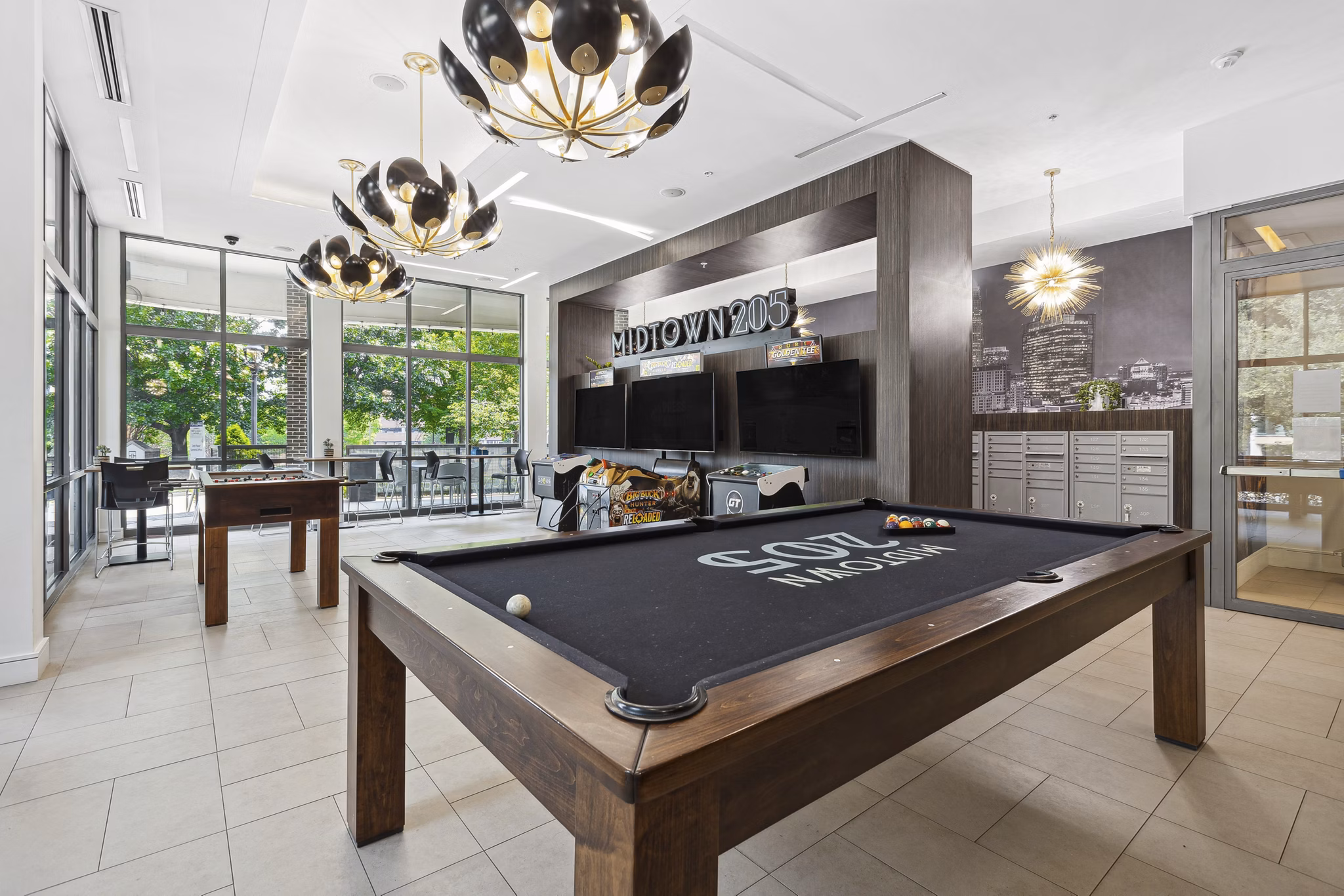 Stylish clubhouse with comfortable seating at Midtown 205 Apartments, offering luxury amenities in a vibrant community setting