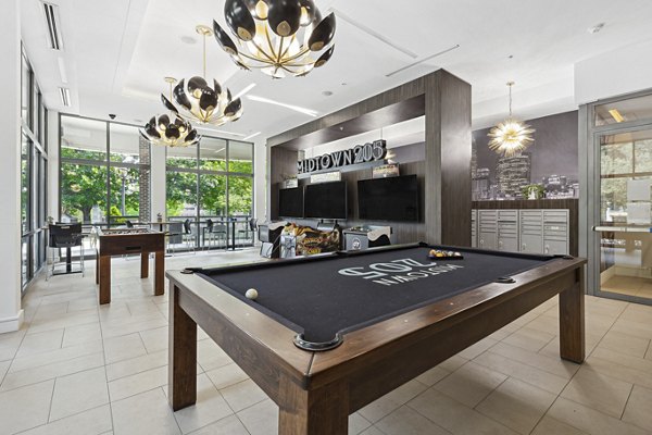 Stylish clubhouse with comfortable seating at Midtown 205 Apartments, offering luxury amenities in a vibrant community setting