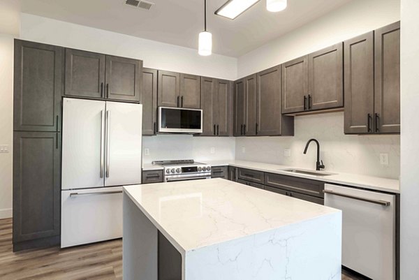 Contemporary kitchen with stainless steel appliances at Midtown 205 Apartments, a luxury community by Greystar