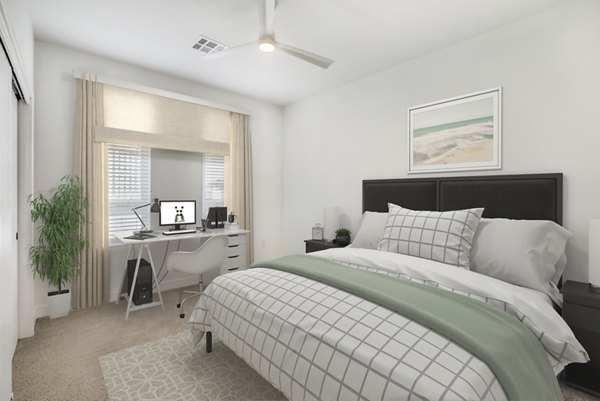 Minimalist bedroom with natural light at Parc Haven Apartments, showcasing luxurious design and comfortable living in an ideal location