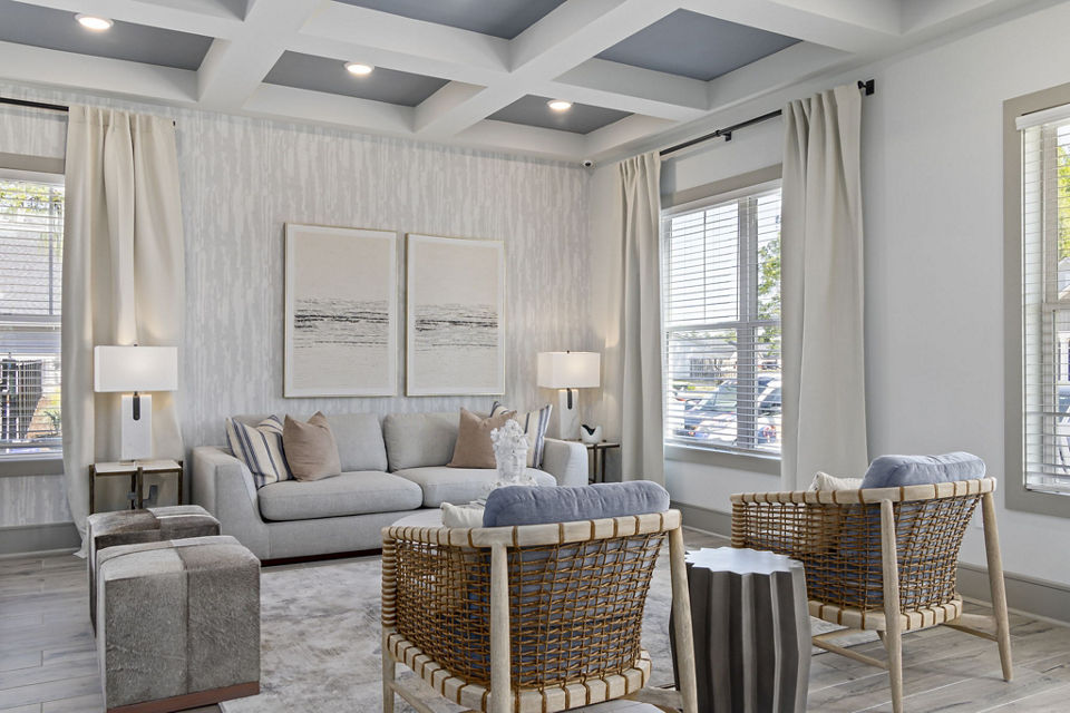 Clubhouse featuring modern design and ample seating at Banyan Silo Ridge Apartments