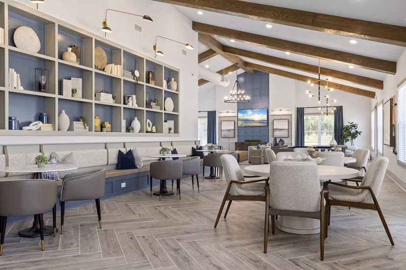 Clubhouse featuring modern design and seating at Banyan Silo Ridge Apartments, perfect for social gatherings and community events