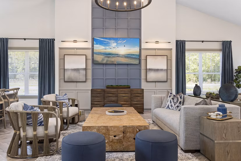 Elegant clubhouse with modern dÃ©cor at Banyan Silo Ridge Apartments, Greystar's luxury community offering premium social amenities