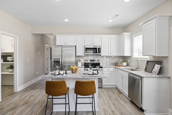 Modern kitchen with stainless steel appliances at Banyan Silo Ridge Apartments