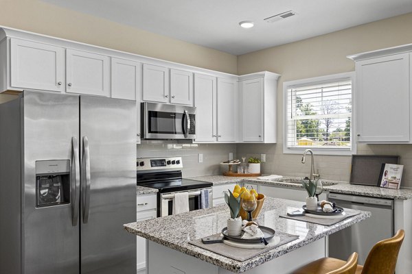 Modern kitchen with sleek countertops and stainless steel appliances at Banyan Silo Ridge Apartments