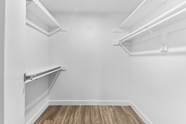 Spacious bedroom with large walk-in closet at Verve Apartments, offering ample storage for luxury apartment living
