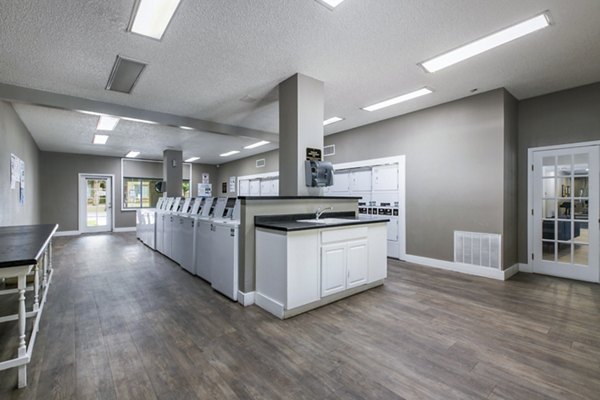 Laundry facility with modern machines at Cinnamon Tree Apartments in a Greystar community