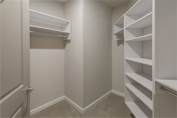 Walk-in closet with ample shelving and hanging space at Maybrook Apartments, offering modern storage solutions for luxury living