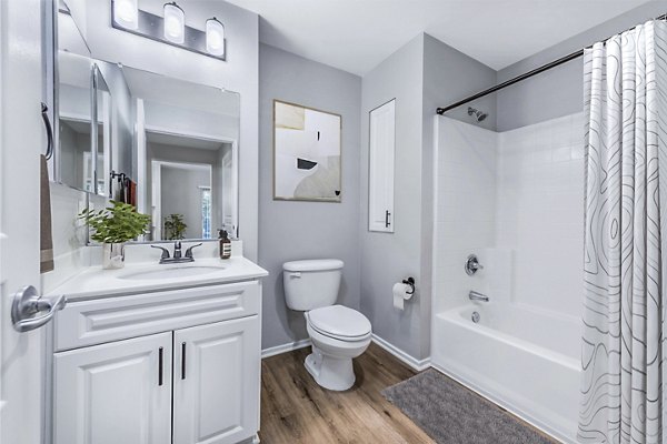 The Village on 5th Apartments: Modern bathroom with sleek fixtures and marble countertop