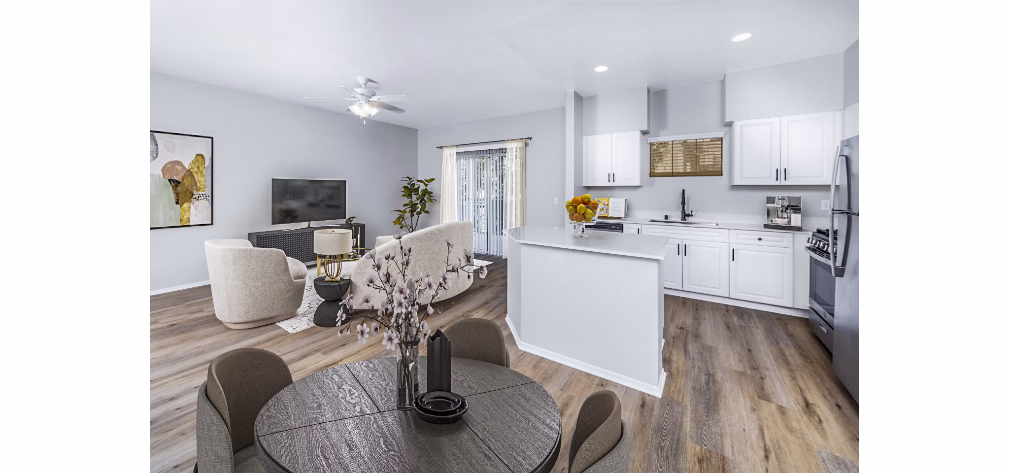 Dining room with elegant dining set at The Village on 5th Apartments