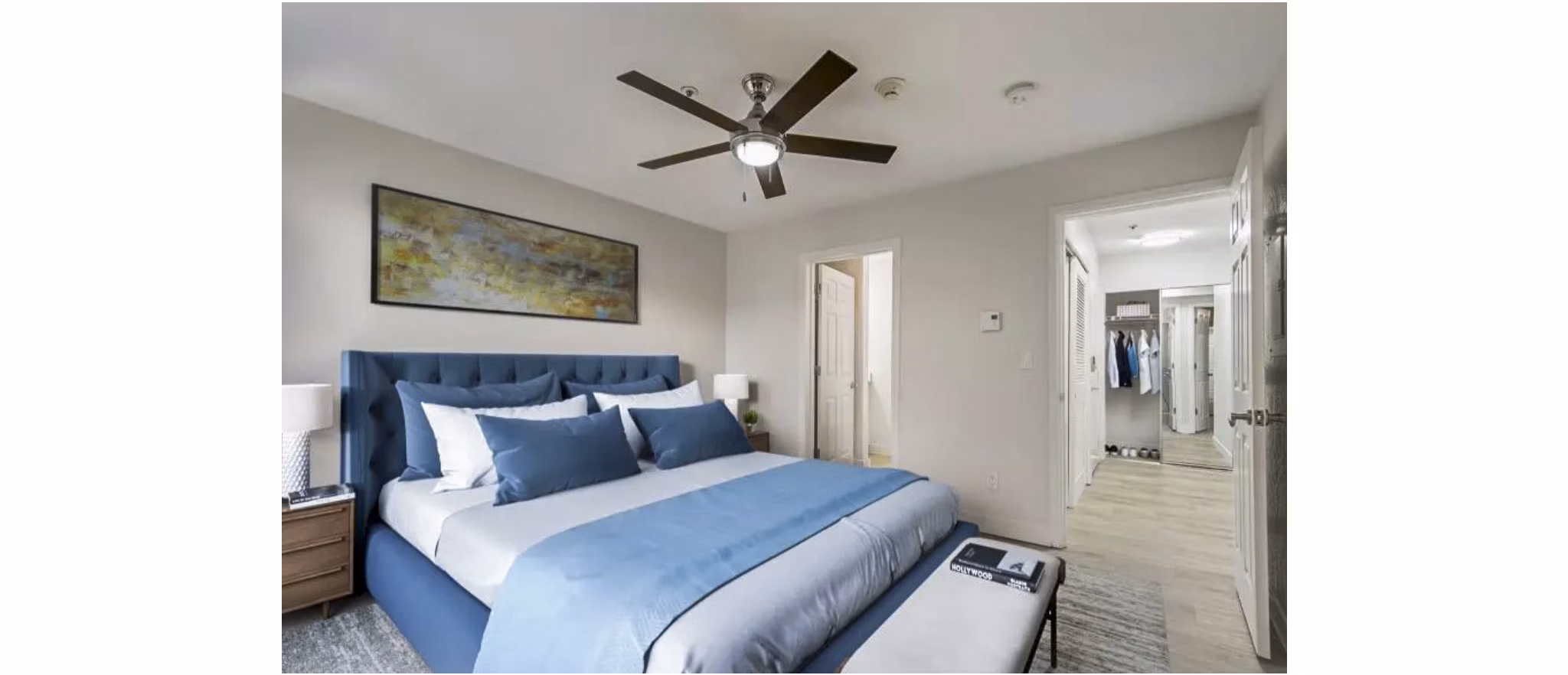 Cozy bedroom with modern decor in Lakeview at Newcastle Apartments