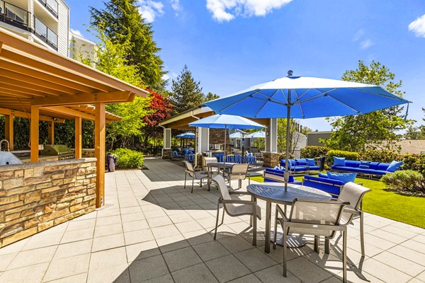 Grill area and patio with modern outdoor seating at Lakeview at Newcastle Apartments