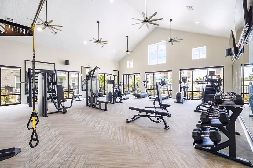 Fitness center with state-of-the-art equipment at Elan Harvest Green Apartments