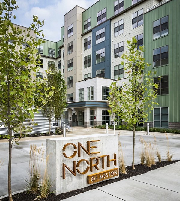 Signage at One North of Boston Apartments: Elegant branding for luxury living near Boston skyline views