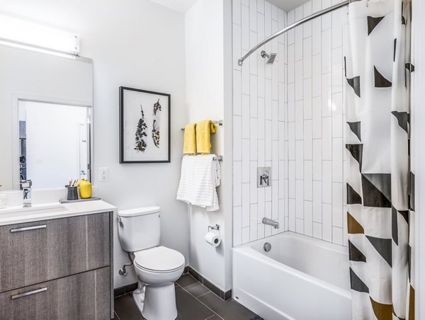 Luxurious bathroom with sleek fixtures at One North of Boston Apartments, offering modern amenities for a comfortable lifestyle