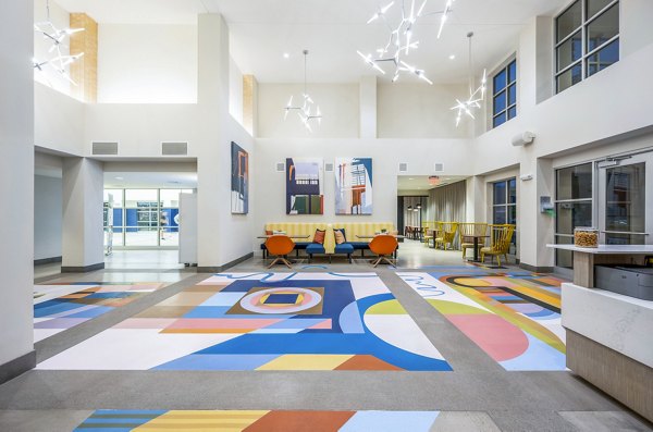 Modern clubhouse lobby featuring contemporary decor at One North of Boston Apartments