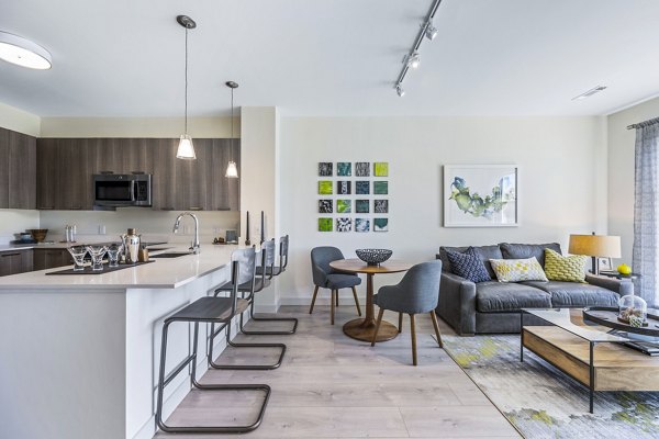 Modern living room with sleek decor at One North of Boston Apartments, luxury living near Boston's vibrant city center