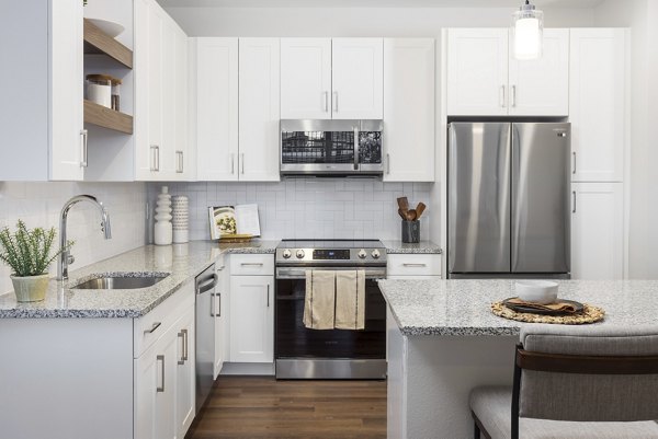 Modern kitchen with stainless steel appliances and quartz countertops at Broadstone Wren Apartments, providing luxury living spaces