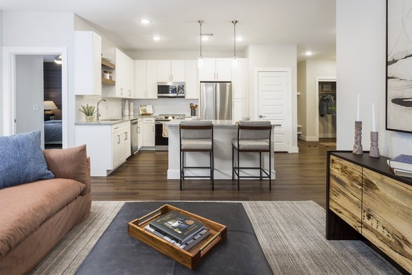 Modern living room with stylish decor in Broadstone Wren Apartments, luxury Greystar community