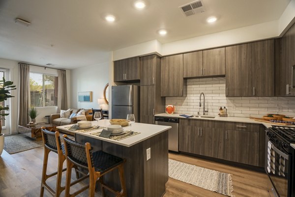 Modern kitchen with stainless steel appliances in Allaso Journal Center Apartments