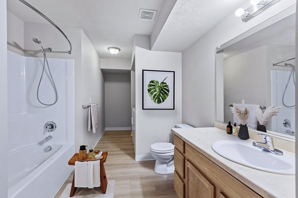 Modern bathroom with sleek fixtures and ample lighting at Trillium Apartments