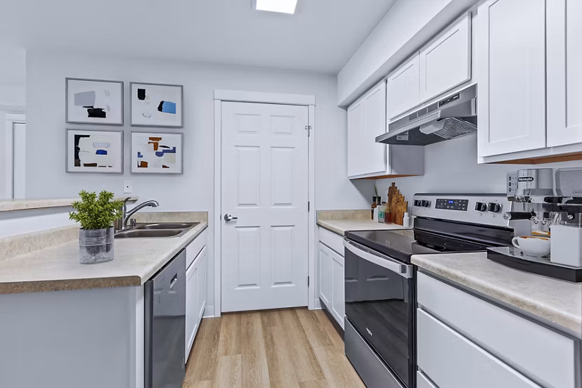 Modern kitchen featuring stainless steel appliances at Trillium Apartments