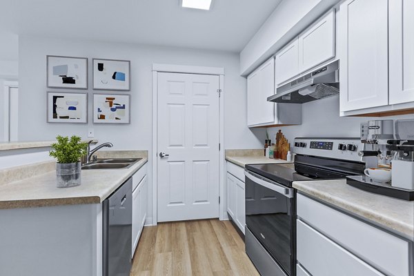 Modern kitchen featuring stainless steel appliances at Trillium Apartments