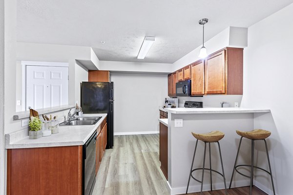 Modern kitchen with stainless steel appliances in Trillium Apartments