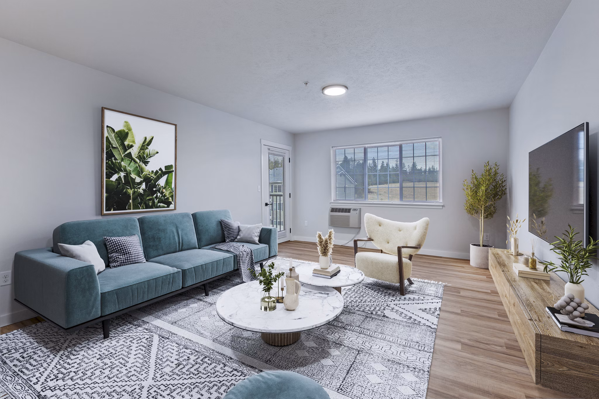 Spacious living room with modern furniture at Trillium Apartments