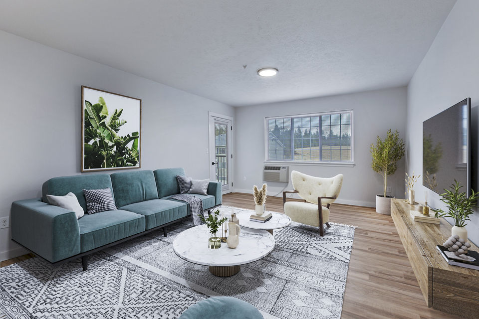 Spacious living room with modern furniture at Trillium Apartments