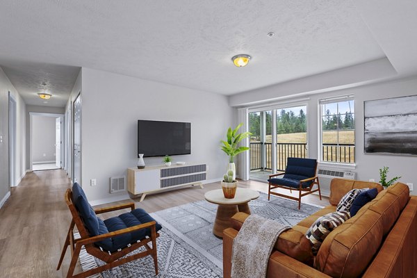 Living room with modern decor and vibrant accents in Trillium Apartments