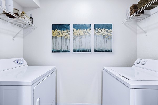 Laundry room equipped with modern washers and dryers in Trillium Apartments luxury community