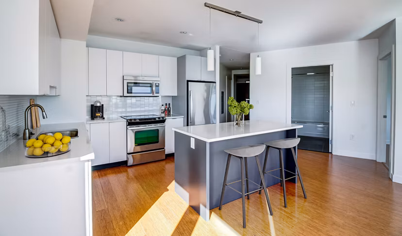 Modern kitchen with stainless steel appliances at Radian Apartments