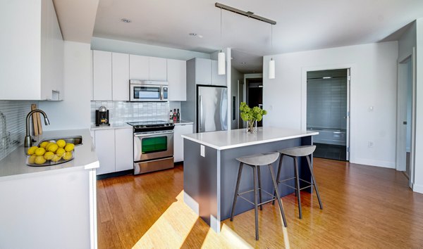 Modern kitchen with stainless steel appliances at Radian Apartments