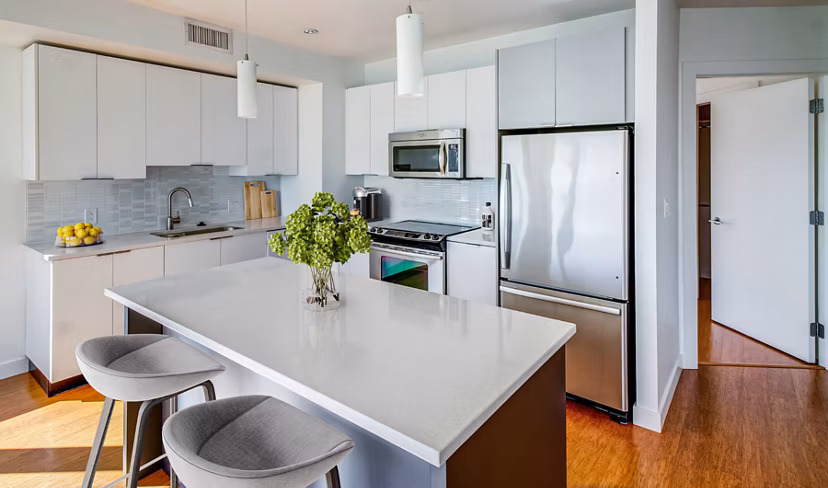 Sleek modern kitchen with stainless steel appliances at Radian Apartments