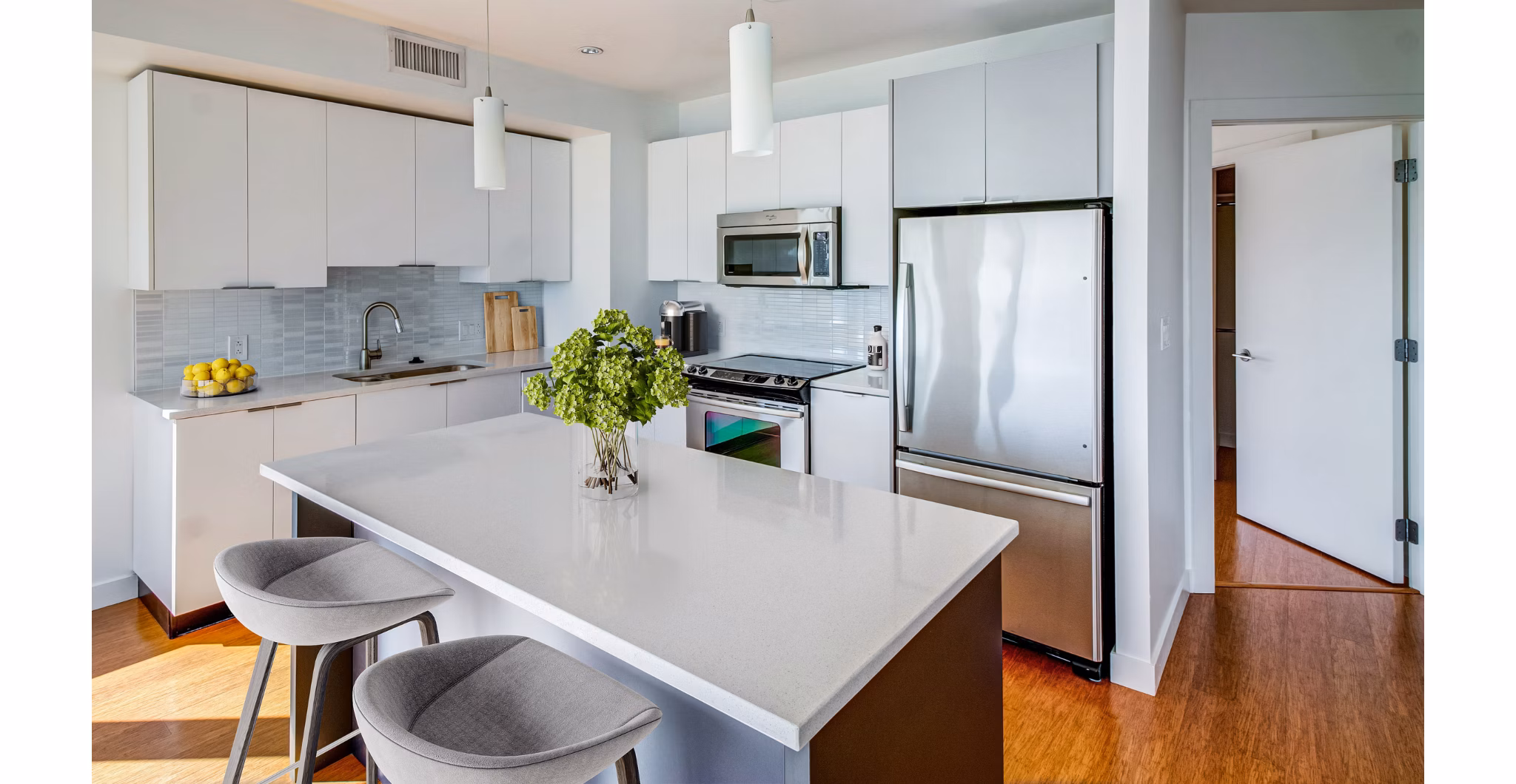 Sleek modern kitchen with stainless steel appliances at Radian Apartments