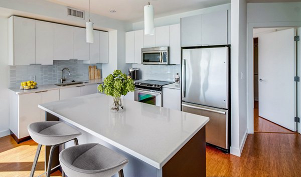 Sleek modern kitchen with stainless steel appliances at Radian Apartments