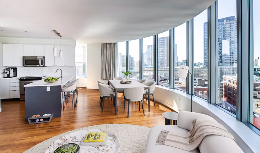 Spacious living room with contemporary design elements in Radian Apartments