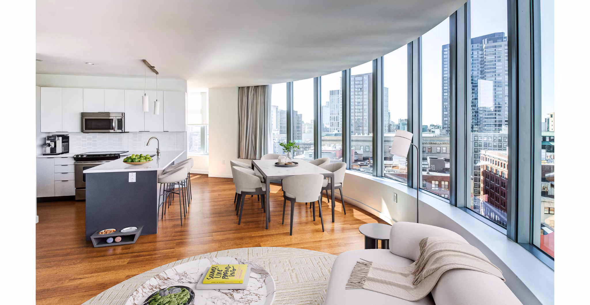 Spacious living room with contemporary design elements in Radian Apartments