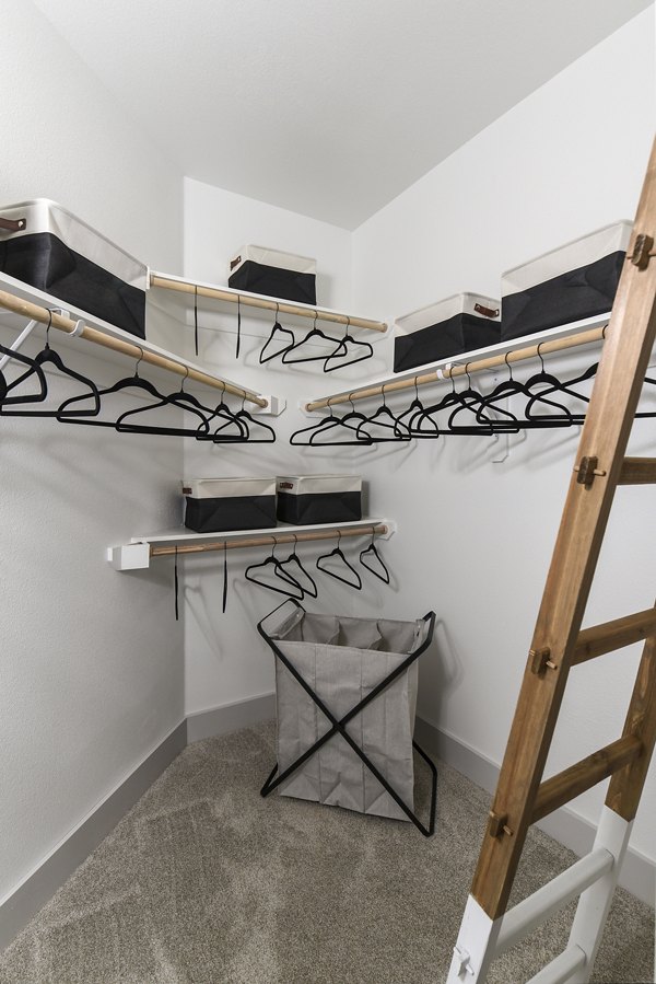 Walk-in closet with built-in shelving at Austin Avenue Apartments