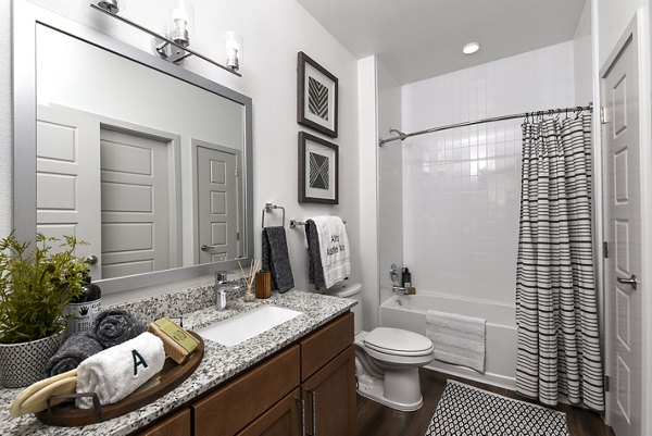 Modern bathroom with sleek fixtures at Austin Avenue Apartments, luxury living in the heart of downtown