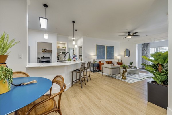 Dining area featuring modern decor and stylish lighting at The Banks at Rivergate Apartments in Nashville