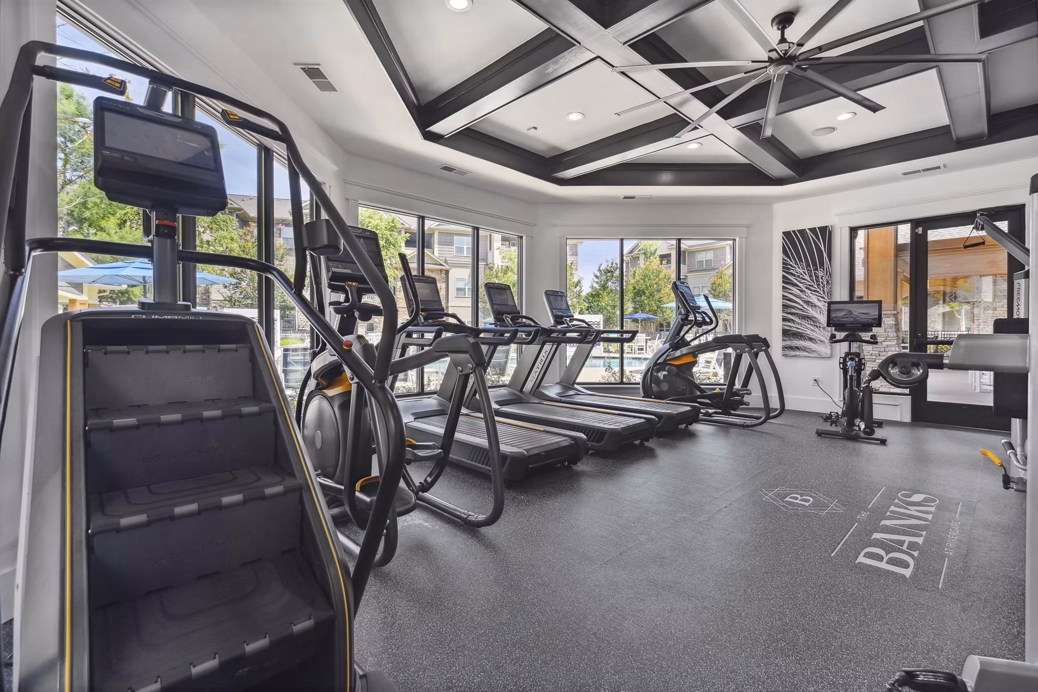State-of-the-art fitness center with modern equipment at The Banks at Rivergate Apartments Perfect for maintaining an active lifestyle