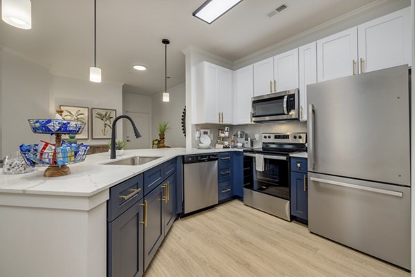 Sleek kitchen with stainless steel appliances in The Banks at Rivergate Apartments