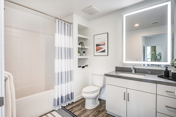 Bathroom featuring modern fixtures and elegant design at Esperanza at Duarte Station Apartments, Greystar luxury living
