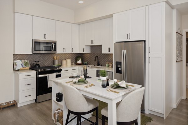 Modern kitchen with stainless steel appliances and island counter in Everleigh San Clemente Apartments