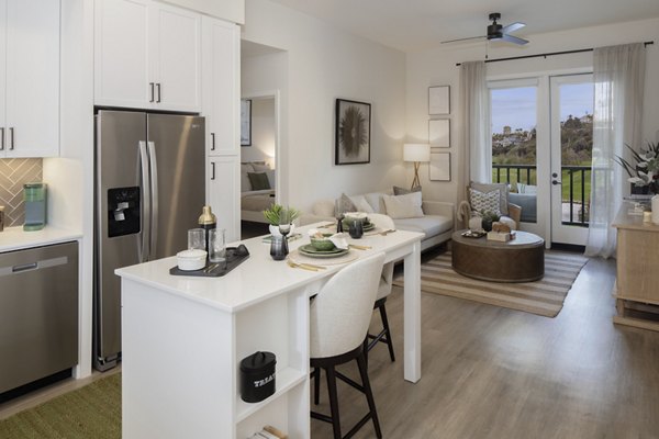 Contemporary kitchen with stainless steel appliances at Everleigh San Clemente Apartments